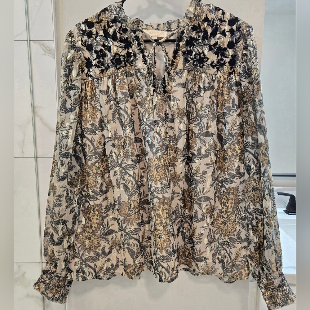 Farmers Market Chic Floral Women's Blouse Black Embroidery Gold Tie Neck Size XL